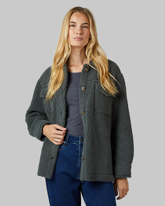 32 Degrees Urban Chic _ Women's Cozy sherpa shirt Jacket {model: Emma is 5'10"and size 2-4 wearing size S}{bottom}{right} {bottom}{right}