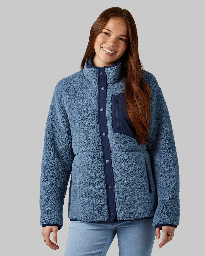 32 Degrees Blue Spot _ Women's Cozy sherpa snap Jacket {model: Izzy is 5'9"and size 4 wearing size S}{bottom}{right} {bottom}{right}