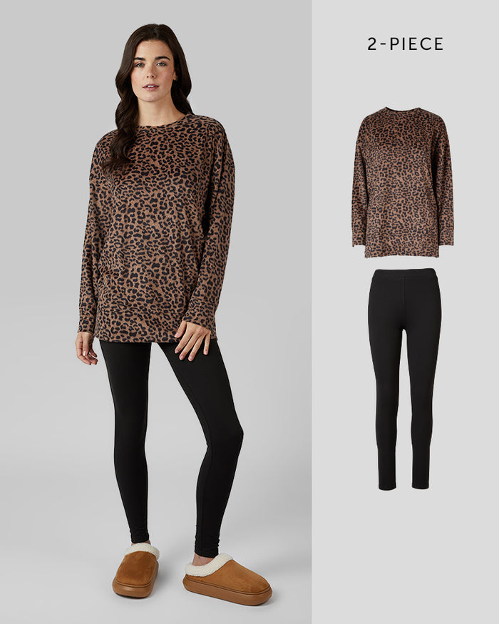 32 Degrees Brown Leopard _ Womens 2Pc Fleece sleep set {model: Katie is 5'10"and size 4 wearing size S}{bottom}{right} {bottom}{right}