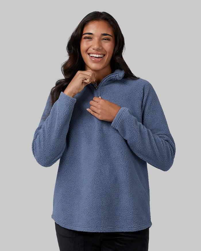 32 Degrees Grisaille _ Women's shorthair sherpa 1/4 Zip Top {model: Ria is 5'8"and size 4 wearing size S}{bottom}{right} {bottom}{right}