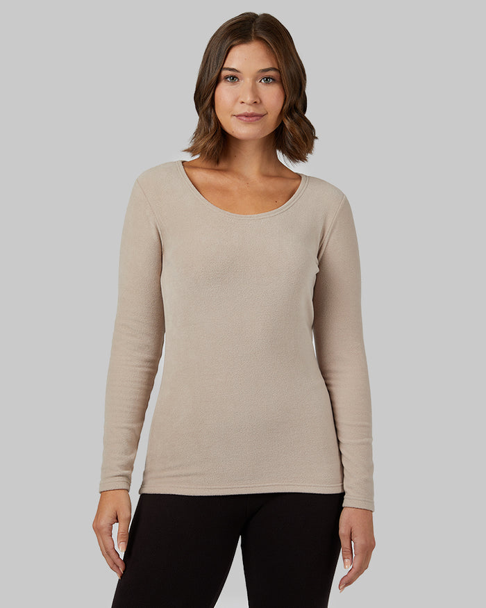 32 Degrees Cobblestone _ Women's Heavyweight Fleece Baselayer scoop Top {model: Taylor is 5'9"and size 4 wearing size S}{bottom}{right} {bottom}{right}