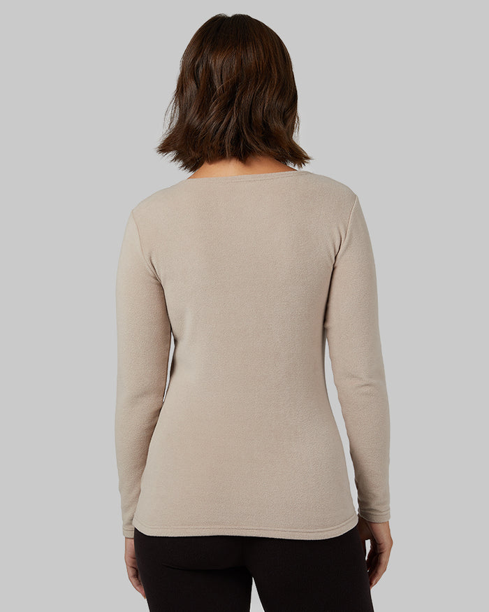 32 Degrees Cobblestone _ Women's Heavyweight Fleece Baselayer scoop Top {model: Taylor is 5'9"and size 4 wearing size S}{bottom}{right} {bottom}{right}