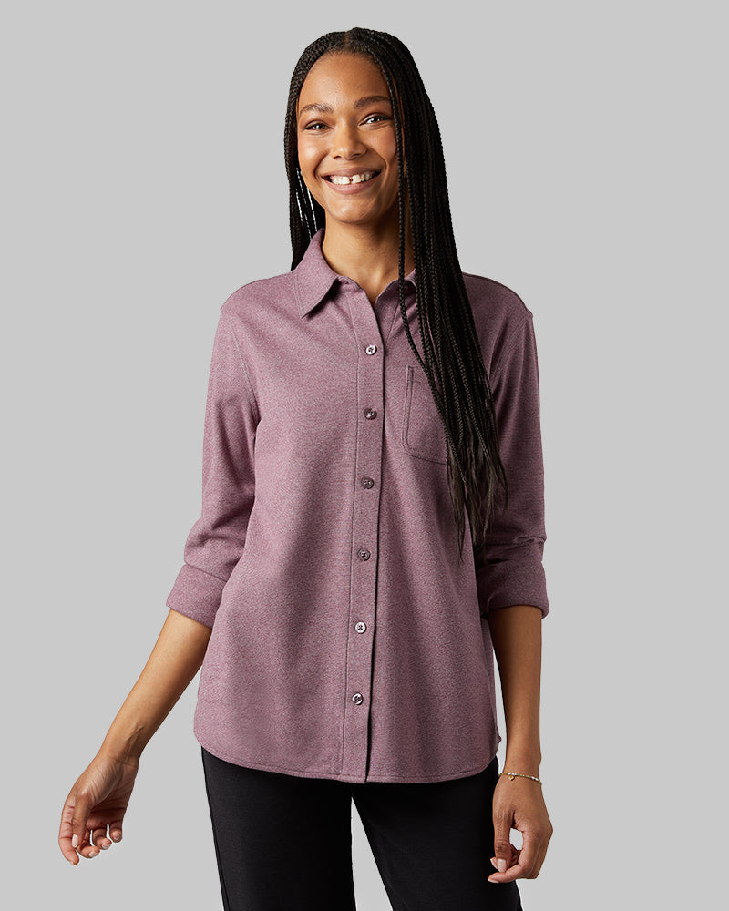 WOMEN'S SOFT STRETCH KNIT LONG SLEEVE BUTTON-UP