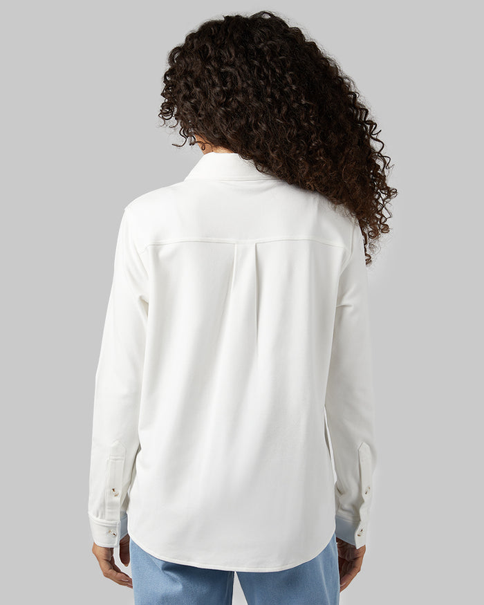 32 Degrees Off White _ Women's soft stretch Knit Long sleeve Button-Up {model: Gabrielle is 5'8"and size 4 wearing size S}{bottom}{right} {bottom}{right}