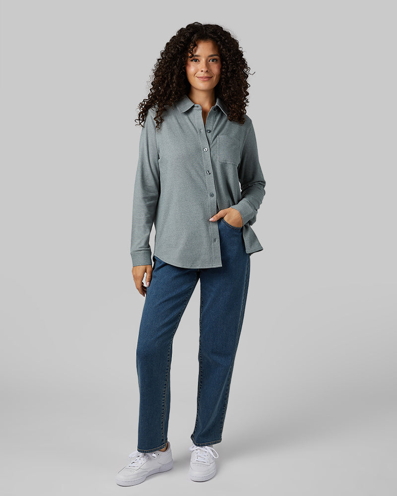 WOMEN'S SOFT STRETCH KNIT LONG SLEEVE BUTTON-UP