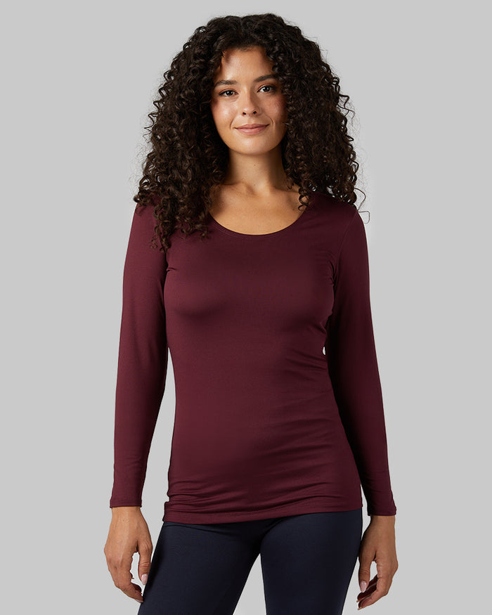 32 Degrees Maroon Banner _ Women's Lightweight Baselayer scoop Top {model: Gabrielle is 5'8"and size 4 wearing size S}{bottom}{right} {bottom}{right}