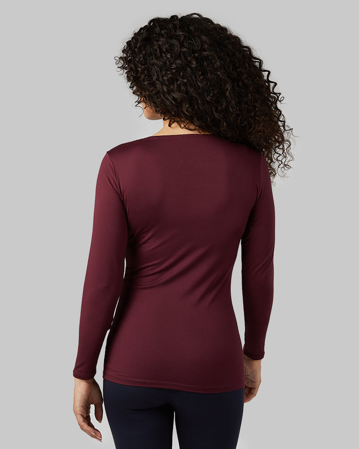 32 Degrees Maroon Banner _ Women's Lightweight Baselayer scoop Top {model: Gabrielle is 5'8"and size 4 wearing size S}{bottom}{right} {bottom}{right}