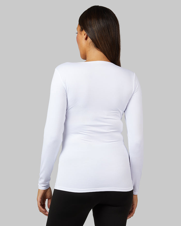 32 Degrees White _ Women's Lightweight Baselayer scoop Top {model: Shelby is 5'9"and size 4 wearing size S}{bottom}{right} {bottom}{right}