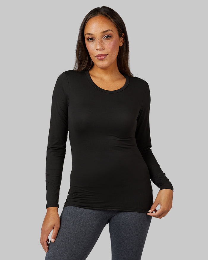 32 Degrees Black _ Women's Lightweight Baselayer Crew Top {model: Shelby is 5'9"and size 4 wearing size S}{bottom}{right} {bottom}{right}