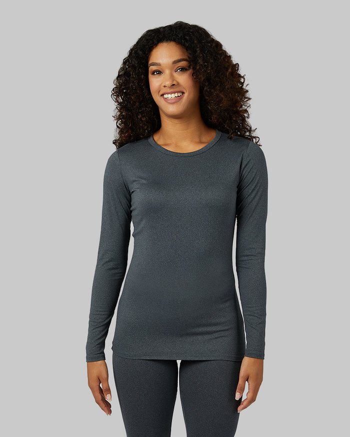 32 Degrees Charcoal Heather _ Women's Lightweight Baselayer Crew Top {model: Alexis is 5'6"and size 4-6 wearing size S}{bottom}{right} {bottom}{right}