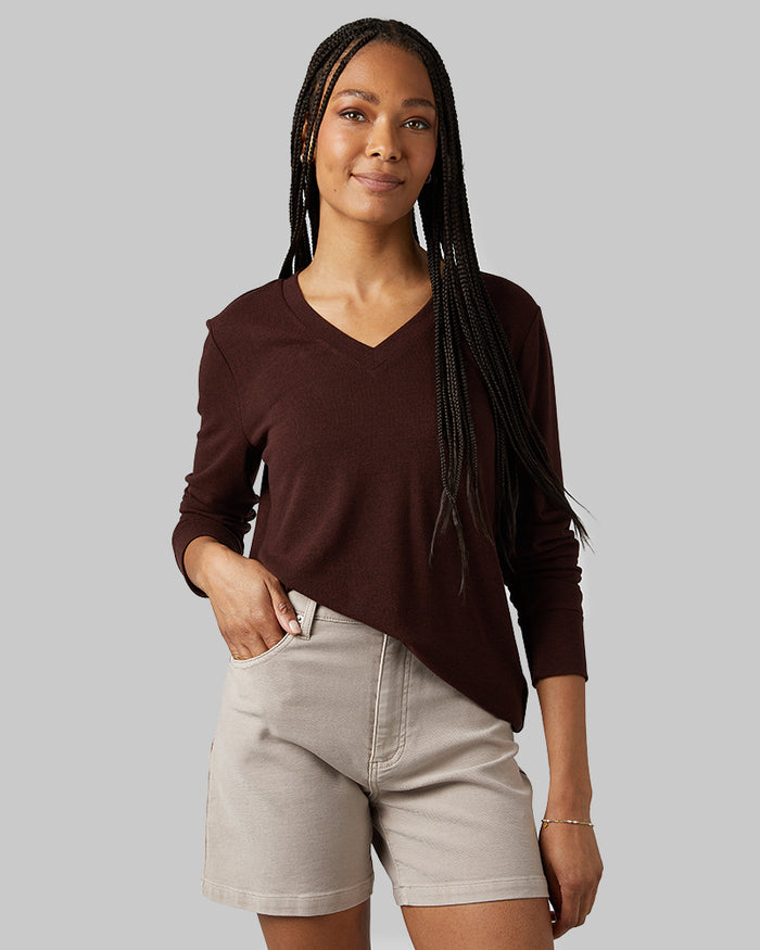 32 Degrees Rum Heather _ Women's soft sweater Knit Vneck Top {model: Dido is 5'9"and size 4 wearing size S}{bottom}{right} {bottom}{right}