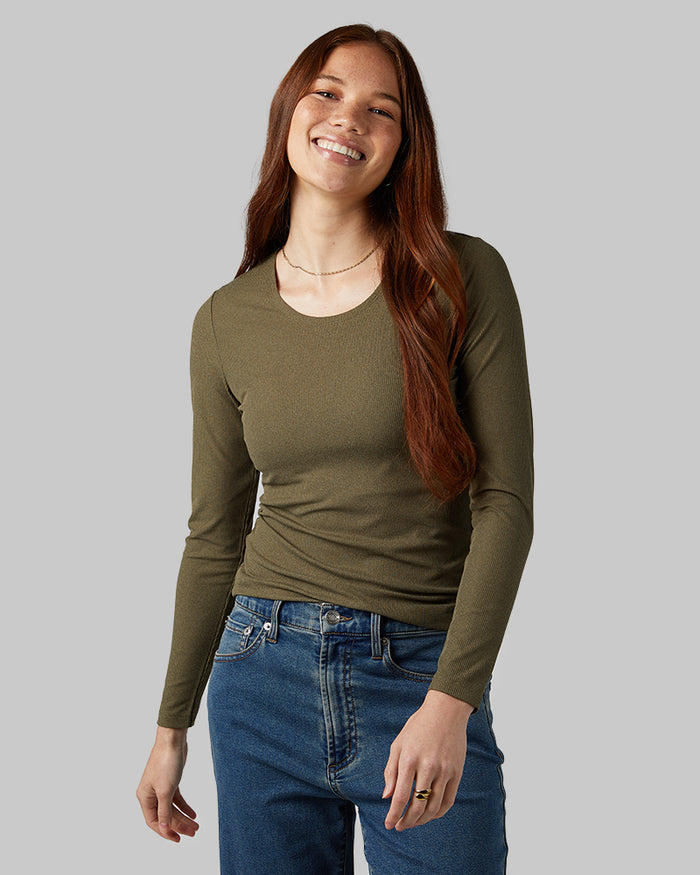32 Degrees Forest Night Heather _ Women's soft Rib scoop Top {model: Izzy is 5'9"and size 4 wearing size S}{bottom}{right} {bottom}{right}