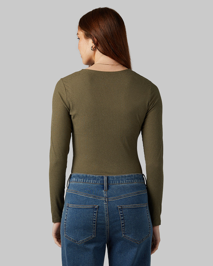 32 Degrees Forest Night Heather _ Women's soft Rib scoop Top {model: Izzy is 5'9"and size 4 wearing size S}{bottom}{right} {bottom}{right}