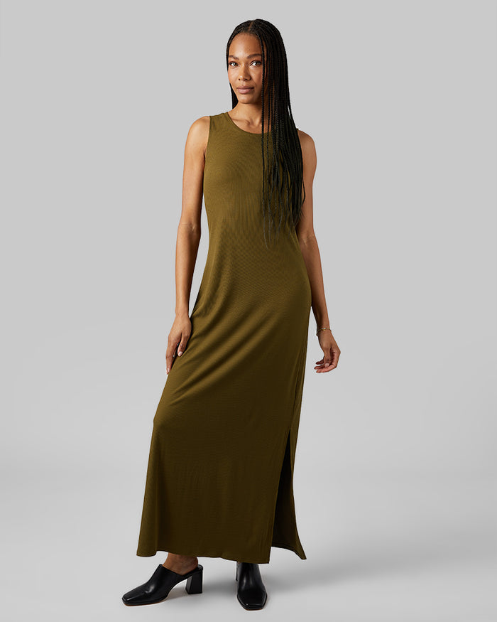 32 Degrees Dark Olive _ Women's soft Rib Maxi Dress {model: Dido is 5'9"and size 4 wearing size S}{bottom}{right} {bottom}{right}