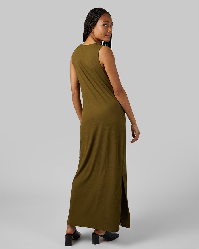 32 Degrees Dark Olive _ Women's soft Rib Maxi Dress {model: Dido is 5'9"and size 4 wearing size S}{bottom}{right} {bottom}{right}