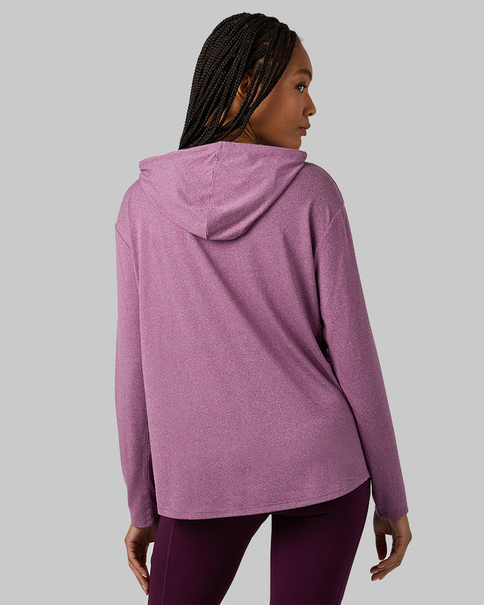 32 Degrees Plum Caspia Heather _ Women's Cool Long sleeve Hooded T-shirt {model: Dido is 5'9"and size 4 wearing size S}{bottom}{right} {bottom}{right}