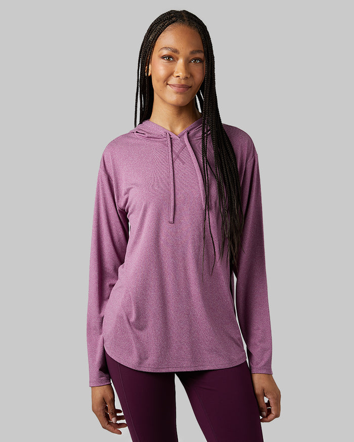 32 Degrees Plum Caspia Heather _ Women's Cool Long sleeve Hooded T-shirt {model: Dido is 5'9"and size 4 wearing size S}{bottom}{right} {bottom}{right}
