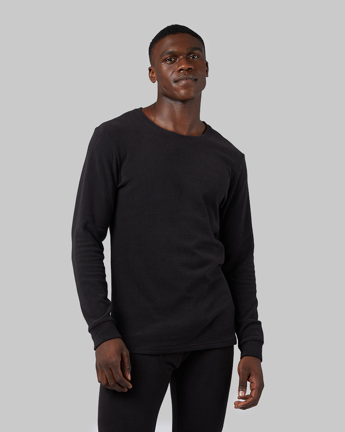 32 Degrees Black _ Men's Heavyweight Fleece Baselayer Crew Top {model: Darius is 6'1", wearing size M}{bottom}{right} {bottom}{right}