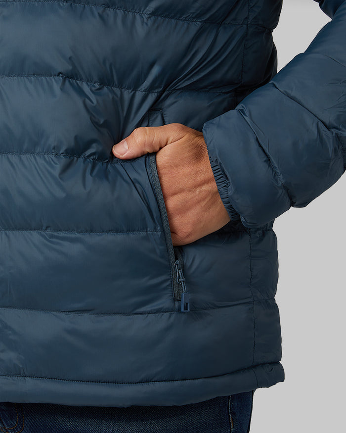 32 Degrees Country Blue _ Men's Hooded sherpa-Lined Jacket {model: Eduardo is 6'1", wearing size M}{bottom}{right} {bottom}{right}
