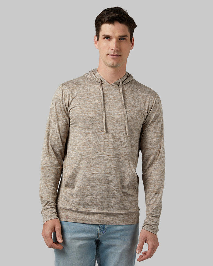 32 Degrees Desert Taupe Space Dye _ Men's Cool Long sleeve Hooded T-shirt {model: Bobby is 6'1", wearing size M}{bottom}{right} {bottom}{right}