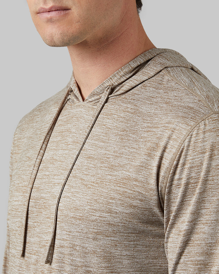 32 Degrees Desert Taupe Space Dye _ Men's Cool Long sleeve Hooded T-shirt {model: Bobby is 6'1", wearing size M}{bottom}{right} {bottom}{right}