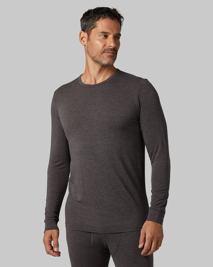 32 Degrees Charcoal Heather _ Men's Midweight Baselayer Crew Top {model: Eduardo is 6'1", wearing size M}{bottom}{right} {bottom}{right}