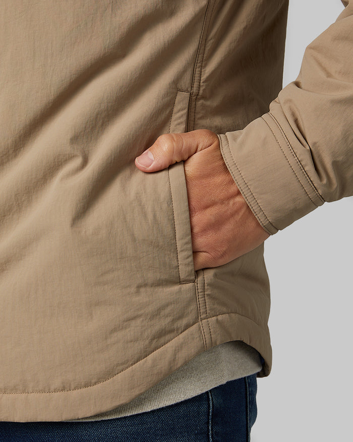 32 Degrees Desert Taupe _ Men's Commuter Tech Fleece-Lined shirt Jacket {model: Eduardo is 6'1", wearing size M}{bottom}{right} {bottom}{right}