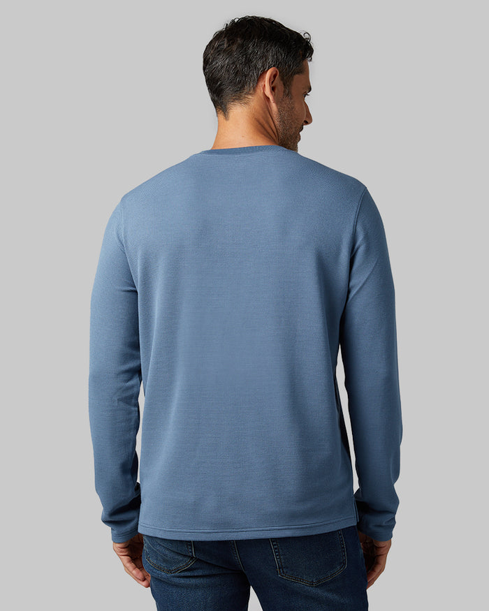 32 Degrees Dusky Blue _ Men's Everyday Comfort Long sleeve Henley {model: Eduardo is 6'1", wearing size M}{bottom}{right} {bottom}{right}