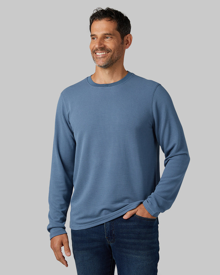 32 Degrees Dusky Blue _ Men's Everyday Comfort Long sleeve Henley {model: Eduardo is 6'1", wearing size M}{bottom}{right} {bottom}{right}