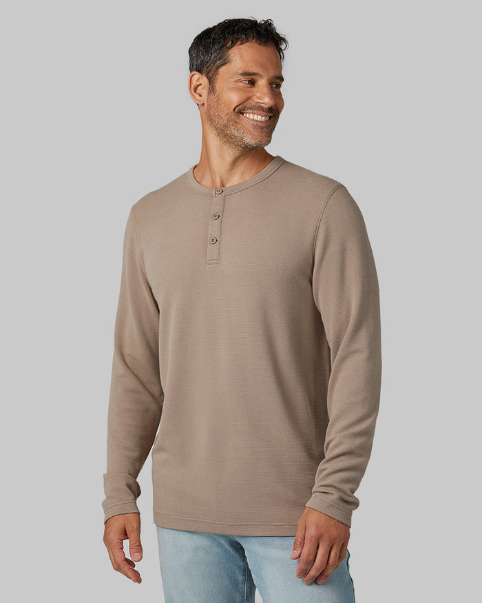 32 Degrees Taupe _ Men's Everyday Comfort Long sleeve Henley T-shirt {model: Eduardo is 6'1", wearing size M}{bottom}{right} {bottom}{right}
