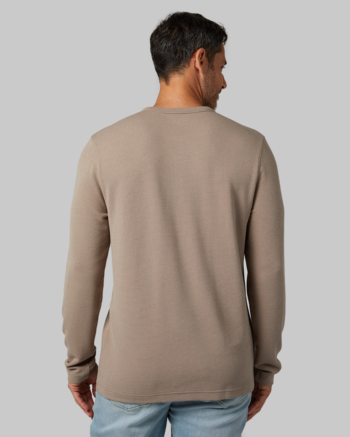 32 Degrees Taupe _ Men's Everyday Comfort Long sleeve Henley T-shirt {model: Eduardo is 6'1", wearing size M}{bottom}{right} {bottom}{right}