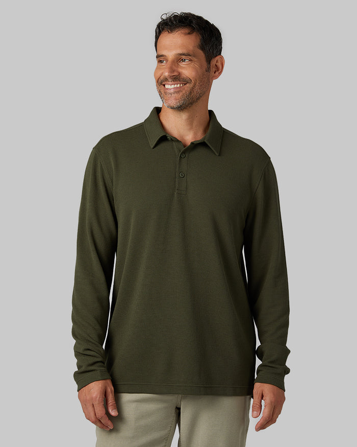 32 Degrees Grape Leaf _ Men's Everyday Comfort Long sleeve Polo {model: Eduardo is 6'1", wearing size M}{bottom}{right} {bottom}{right}