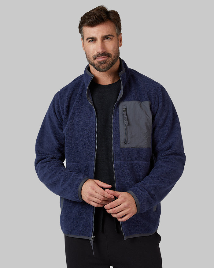 32 Degrees Navy Night _ Men's Outdoor sherpa Full Zip Jacket {model: Justin is 6'1", wearing size M}{bottom}{right} {bottom}{right}