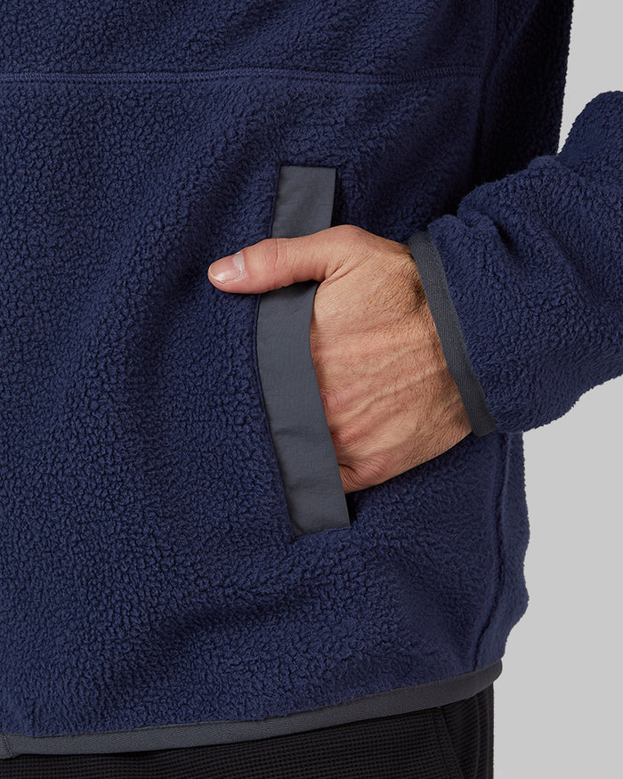 32 Degrees Navy Night _ Men's Outdoor sherpa Full Zip Jacket {model: Justin is 6'1", wearing size M}{bottom}{right} {bottom}{right}
