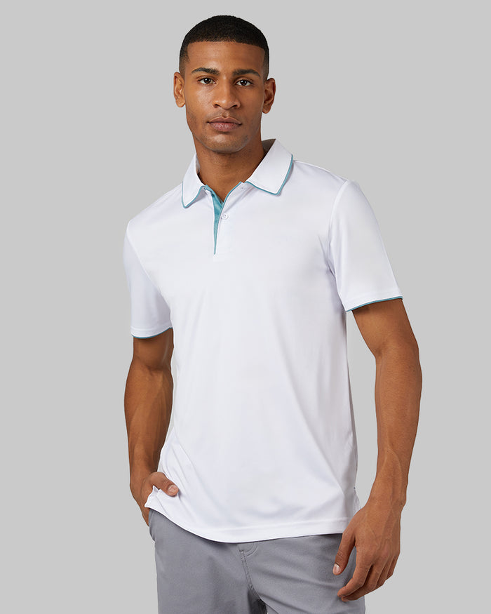 32 Degrees White _ Men's stretch Flow Tipped Polo {model: Selim is 6'2", wearing size M}{bottom}{right} {bottom}{right}