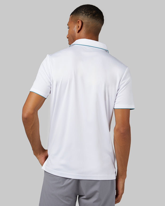 32 Degrees White _ Men's stretch Flow Tipped Polo {model: Selim is 6'2", wearing size M}{bottom}{right} {bottom}{right}