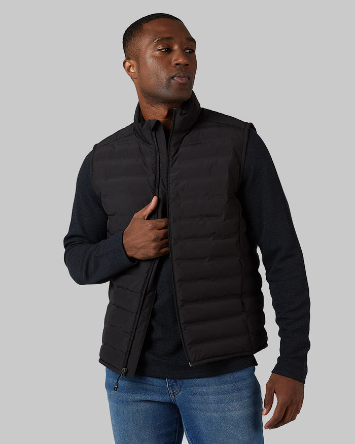 32 Degrees Black _ Men's Lightweight Packable Vest {model: Tradell is 6'1", wearing size M}{bottom}{right} {bottom}{right}