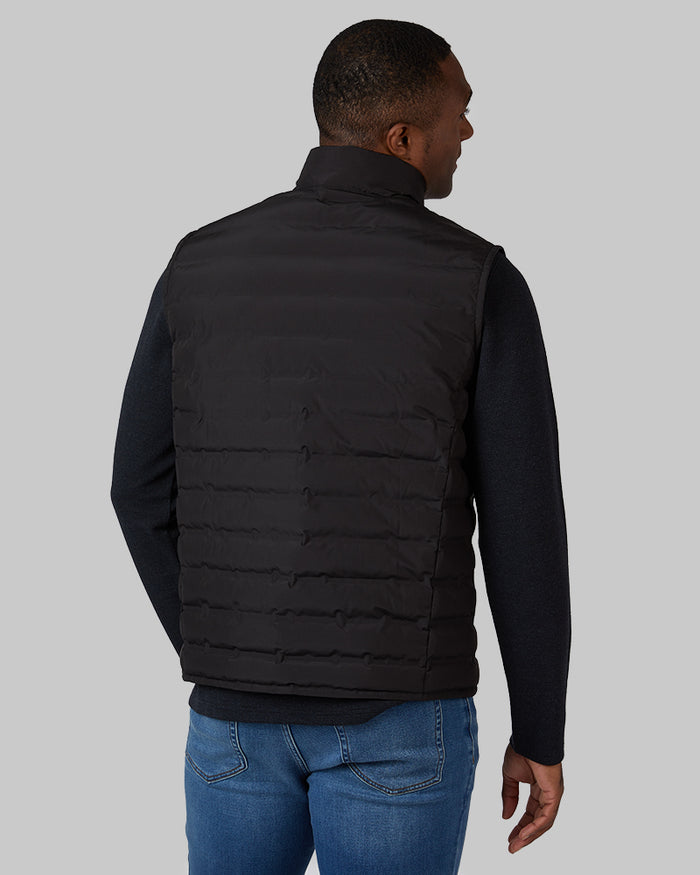 32 Degrees Black _ Men's Lightweight Packable Vest {model: Tradell is 6'1", wearing size M}{bottom}{right} {bottom}{right}