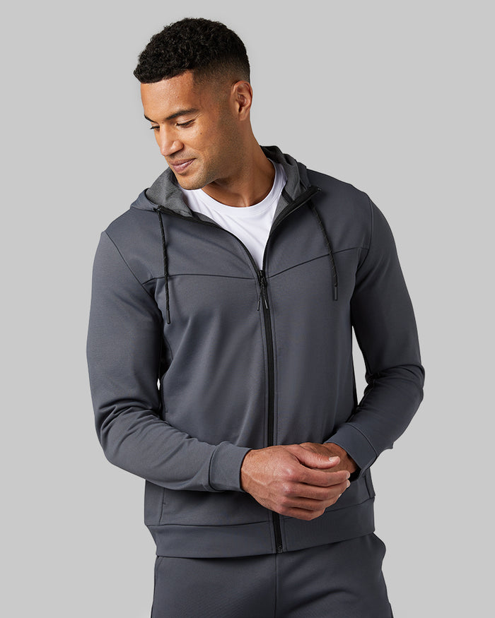 32 Degrees Charcoal _ Men's soft stretch Terry Full-Zip Hoodie {model: Devin is 6'2", wearing size M}{bottom}{right} {bottom}{right}