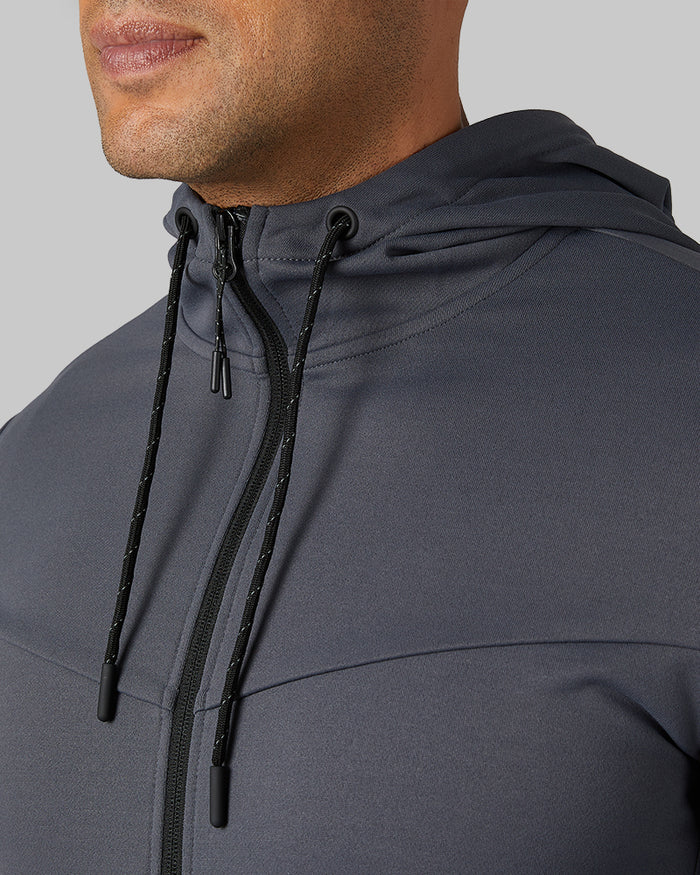 32 Degrees Charcoal _ Men's soft stretch Terry Full-Zip Hoodie {model: Devin is 6'2", wearing size M}{bottom}{right} {bottom}{right}