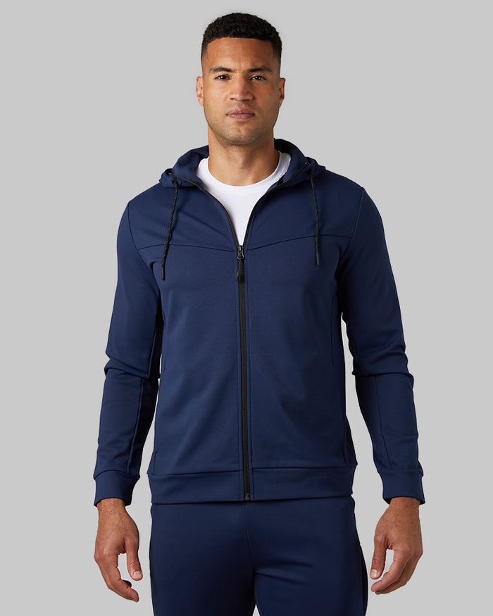 32 Degrees Navy Night _ Men's soft stretch Terry Full-Zip Hoodie {model: Devin is 6'2", wearing size M}{bottom}{right} {bottom}{right}