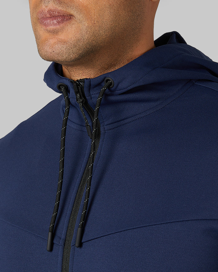 32 Degrees Navy Night _ Men's soft stretch Terry Full-Zip Hoodie {model: Devin is 6'2", wearing size M}{bottom}{right} {bottom}{right}