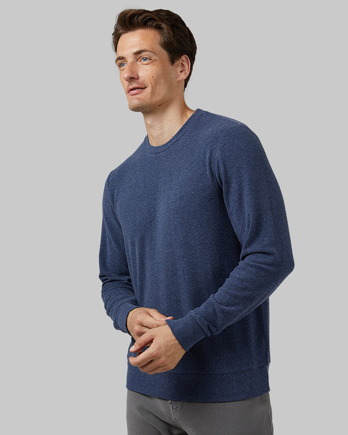 32 Degrees Navy Heather _ Men's sweater Knit Crew Top {model: Leo is 6'1", wearing size M}{bottom}{right} {bottom}{right}