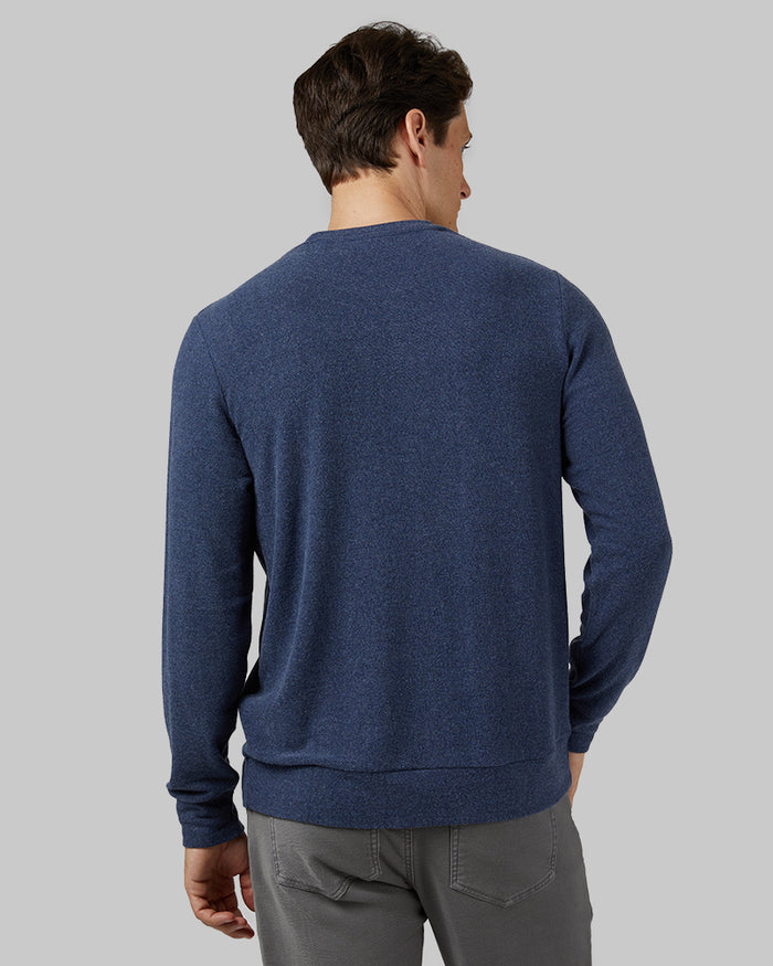 32 Degrees Navy Heather _ Men's sweater Knit Crew Top {model: Leo is 6'1", wearing size M}{bottom}{right} {bottom}{right}