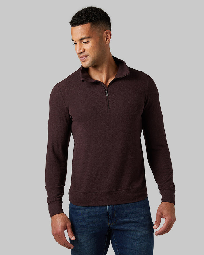 32 Degrees Fudge Heather _ Men's sweater Knit ¼ Zip Top {model: Devin is 6'2", wearing size M}{bottom}{right} {bottom}{right}