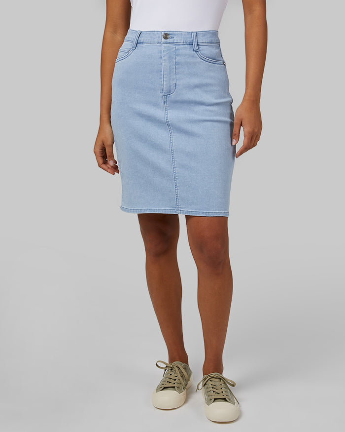 32 Degrees Light Wash _ Women's stretch Comfort Jean skirt {model: Meli is 5'9"and size S wearing size 4}{bottom}{right} {bottom}{right}