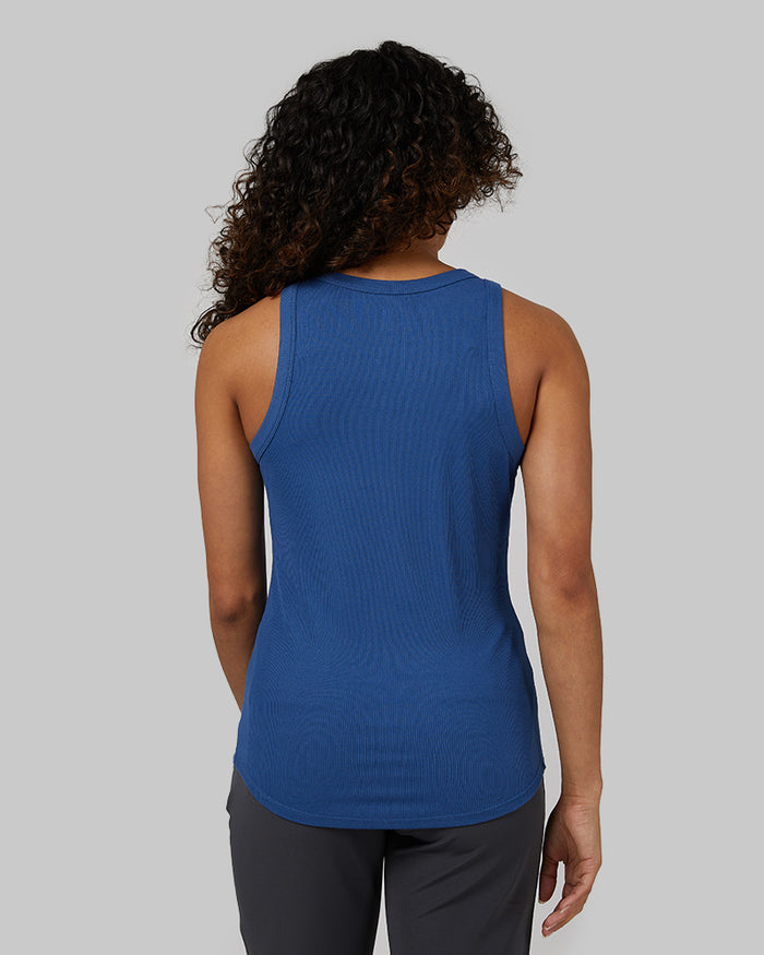 32 Degrees True Navy _ Women's soft Rib High Neck Tank {model: Alexis is 5'6"and size 4-6, wearing size S}{bottom}{right} {bottom}{right}