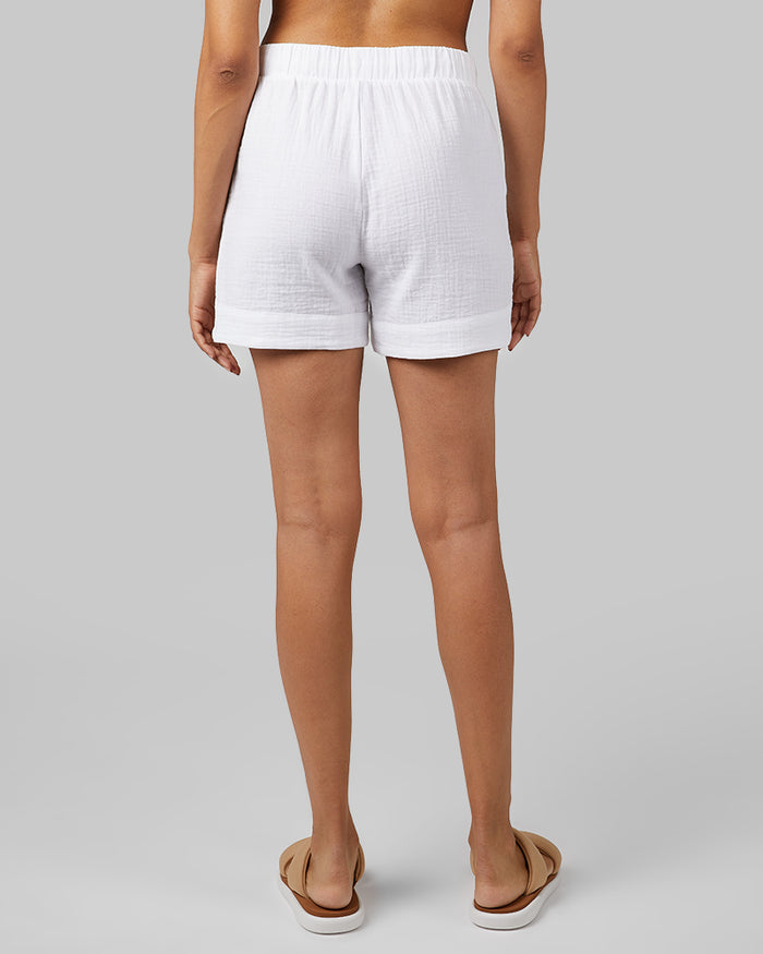 32 Degrees White _ Women's soft Gauze short {model: Jess is 5'11"and size 4 wearing size S}{bottom}{right} {bottom}{right}
