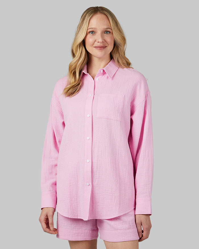 32 Degrees Lilac Sachet _ Women's soft Gauze Oversized Long sleeve Button-Up {model: Rachel is 5'9"and size 4 wearing size S}{bottom}{right} {bottom}{right}