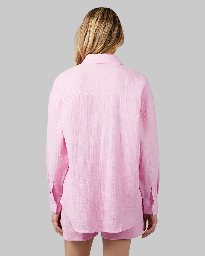 32 Degrees Lilac Sachet _ Women's soft Gauze Oversized Long sleeve Button-Up {model: Rachel is 5'9"and size 4 wearing size S}{bottom}{right} {bottom}{right}